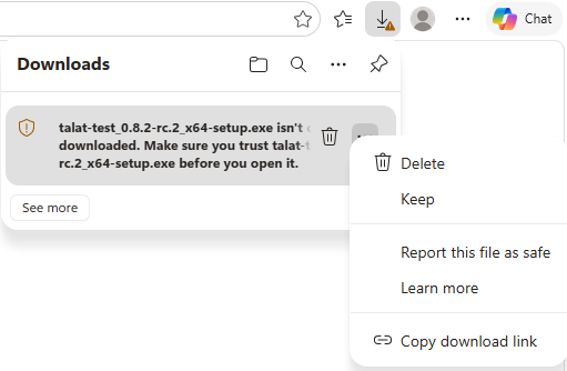 Edge downloads panel showing the talat installer flagged as 'isn't commonly downloaded,' with the file's overflow menu open and a Keep option alongside Delete and Report this file as safe.