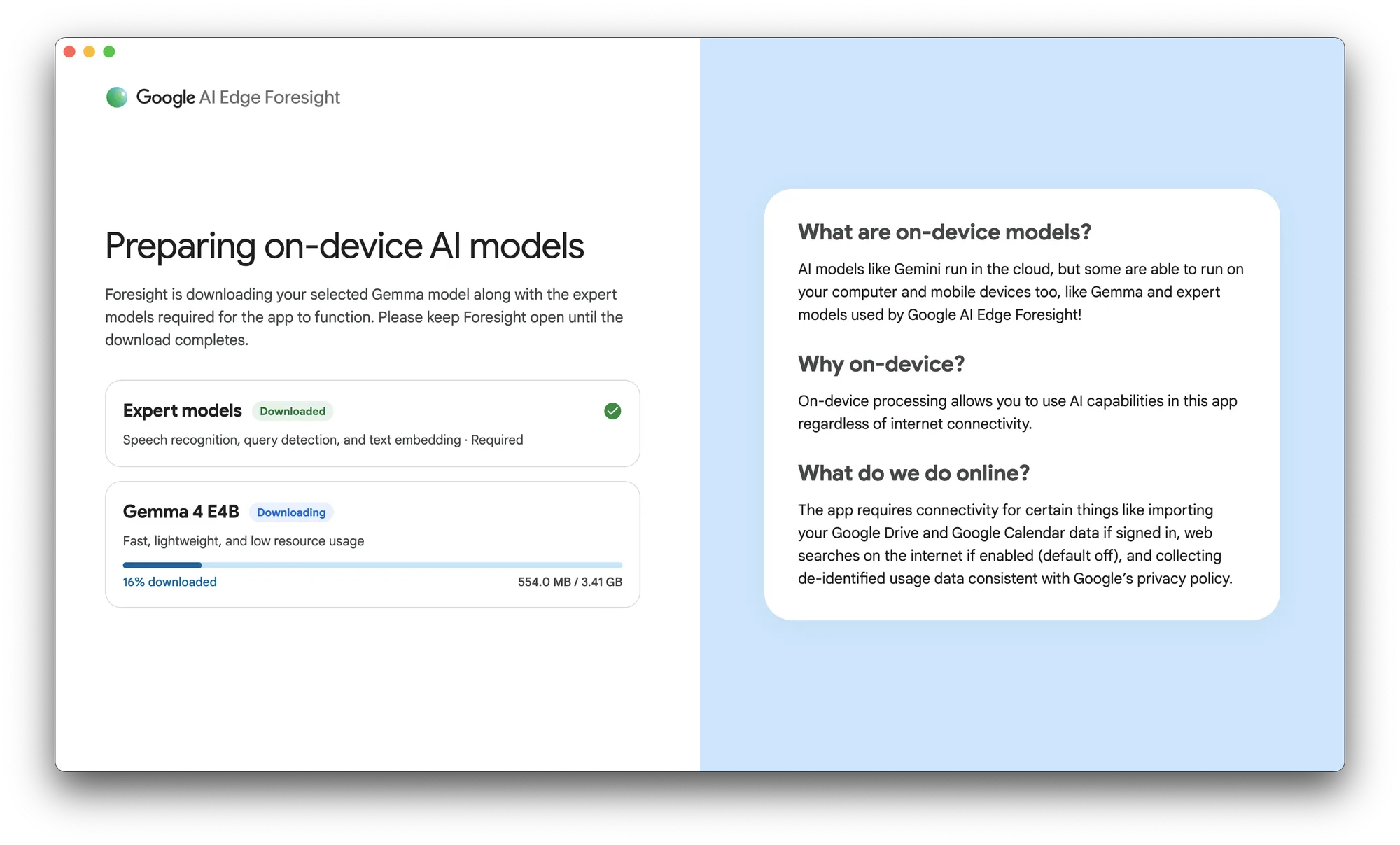 Foresight's setup screen, downloading Gemma 4 E4B, with Google's note on what the app does online.