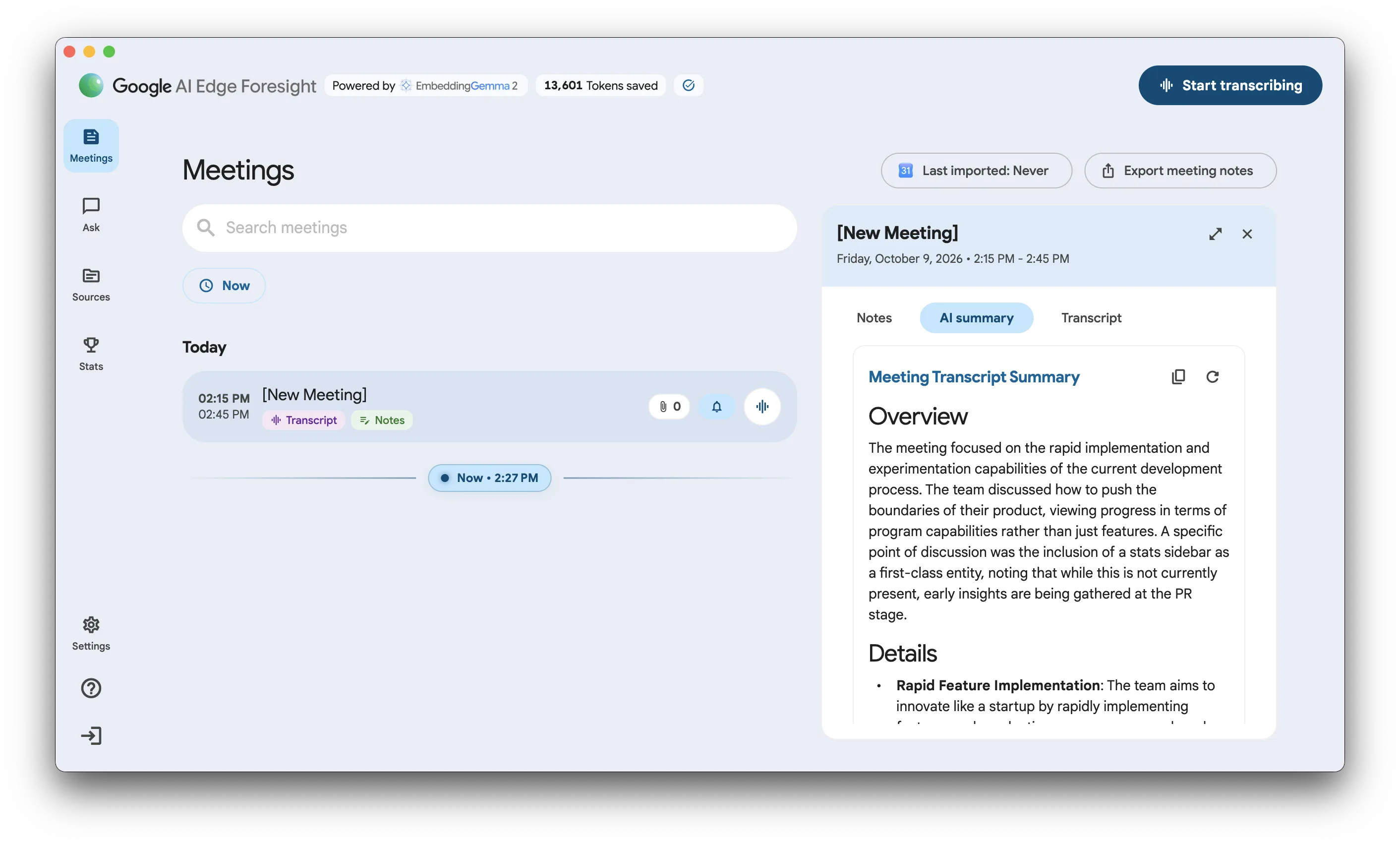 Foresight's AI summary of the test recording, describing it as a team meeting.