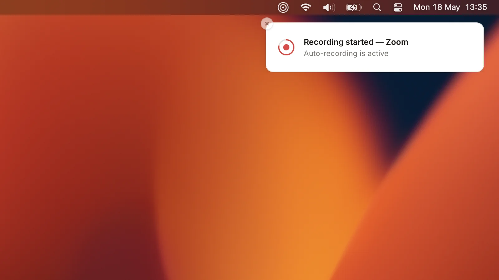 Desktop: a Zoom/Meet/Teams call window with talat's unobtrusive 'Recording' indicator visible in the menu bar / tray