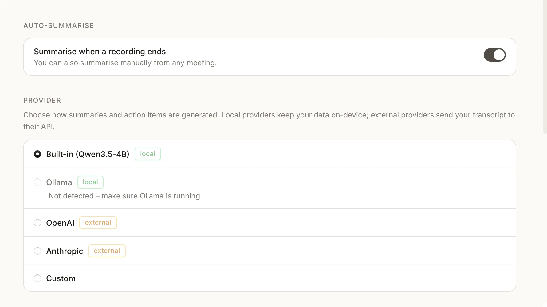 Settings panel: LLM provider picker with the four options (Built-in, OpenAI, Anthropic, Ollama)