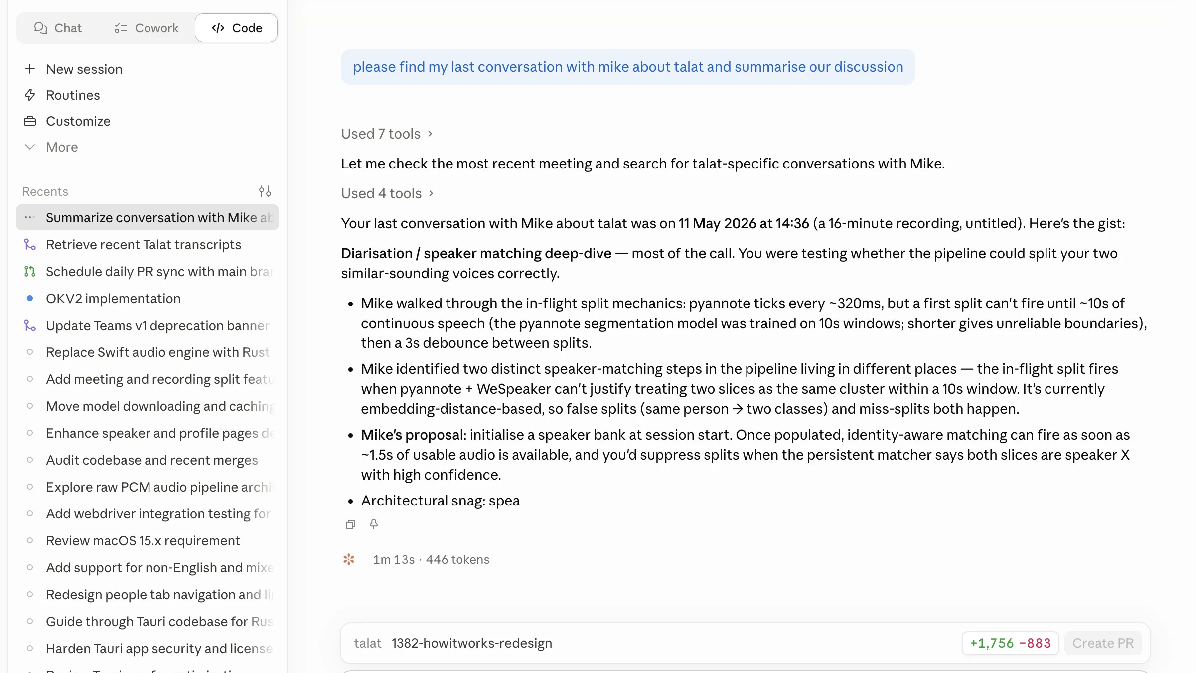 Claude Code window with talat MCP connected and a query running against a live meeting