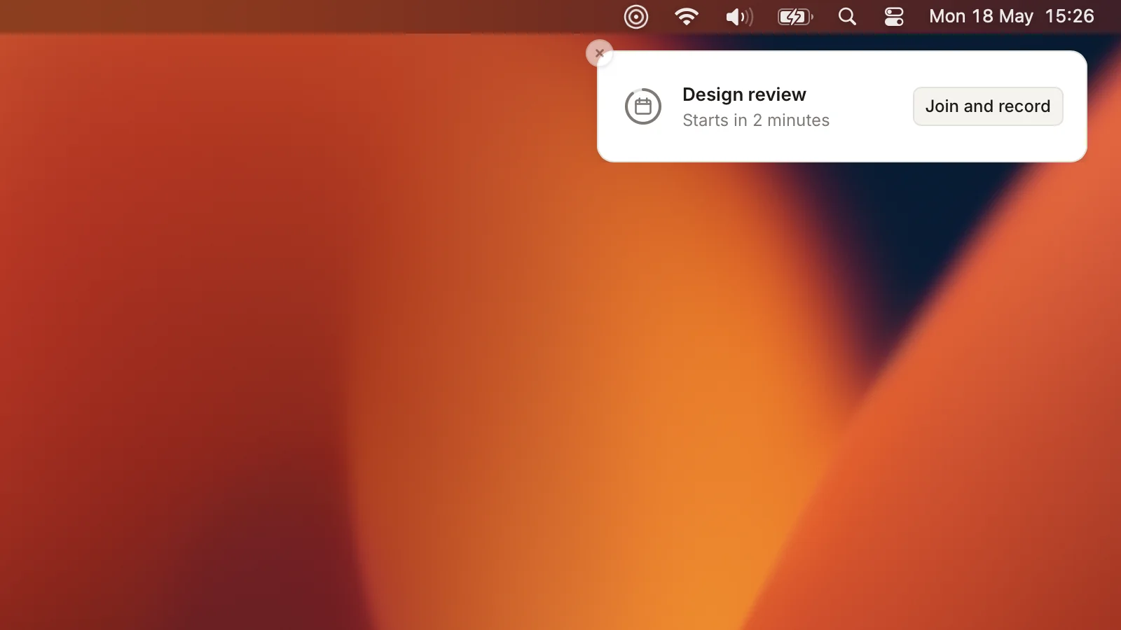 Desktop notification: 'Meeting starting in 1 minute' card with calendar event title + Join CTA