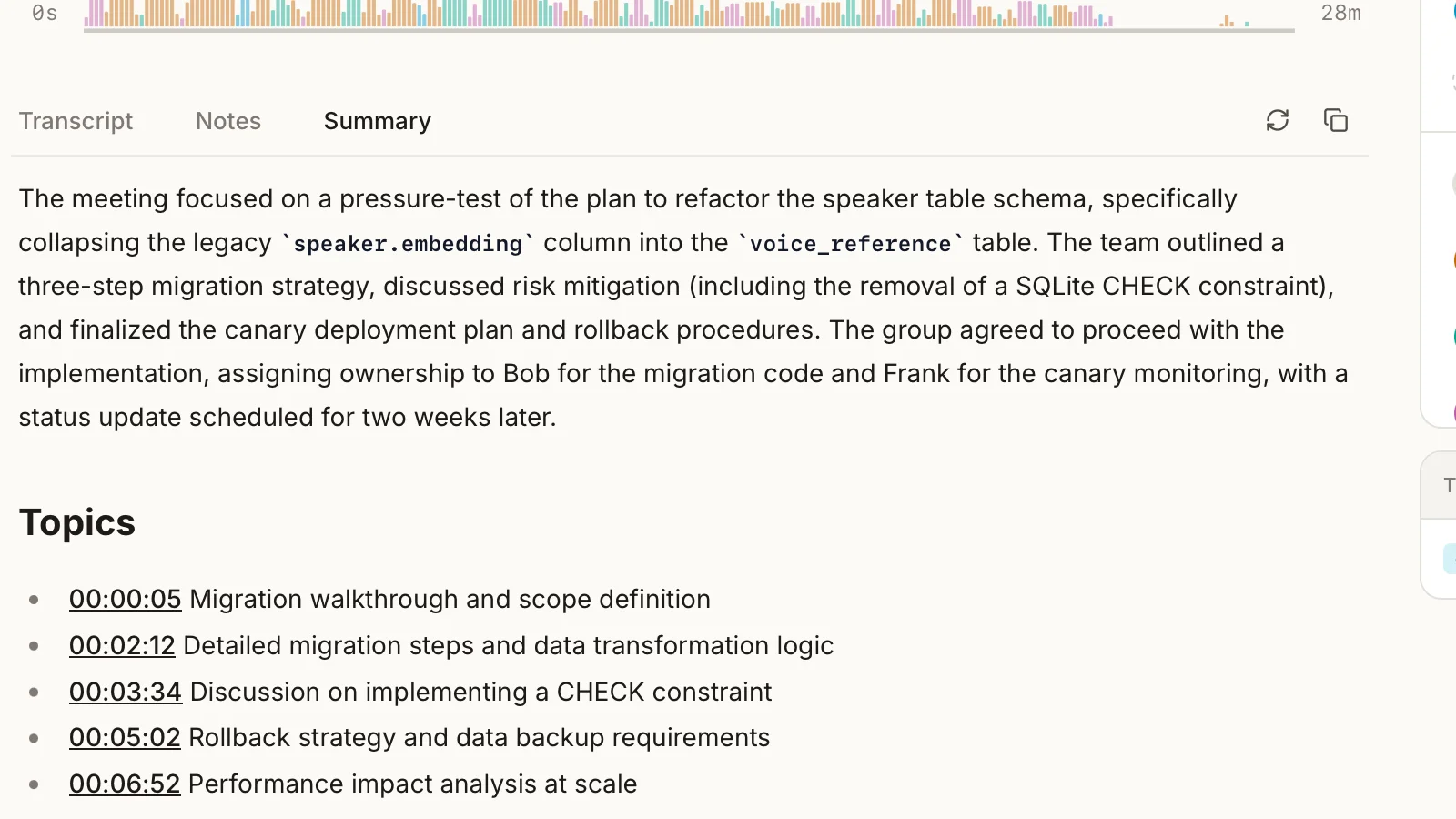Meeting detail view post-meeting: summary card with action items list, transcript collapsed below, search box visible