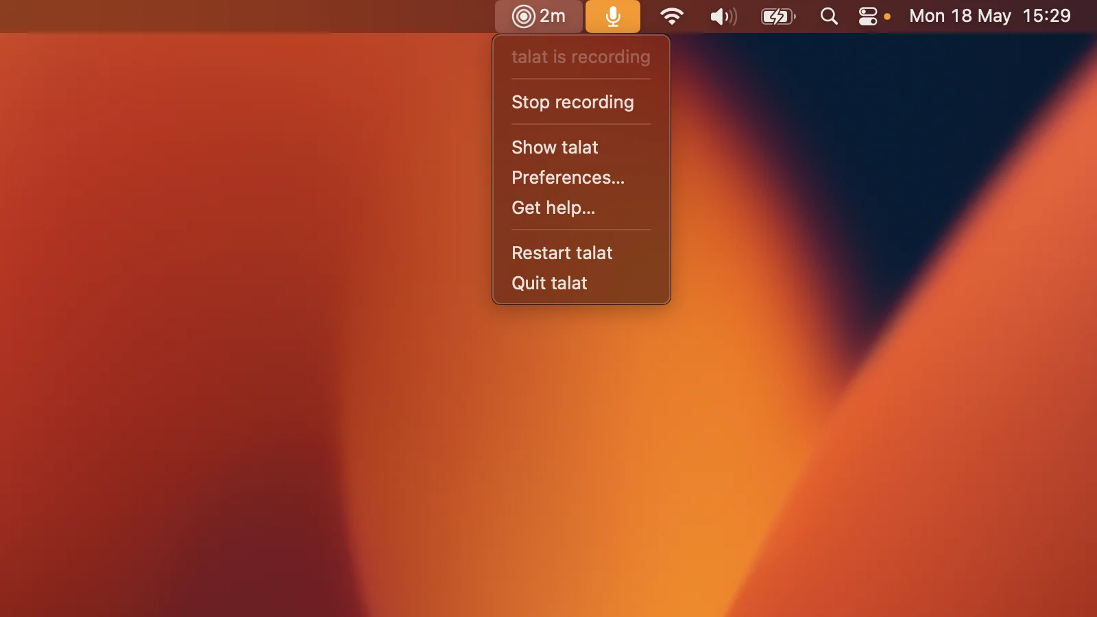 macOS menu-bar / tray: talat icon with the active recording indicator and dropdown showing 'Recording: <meeting>'