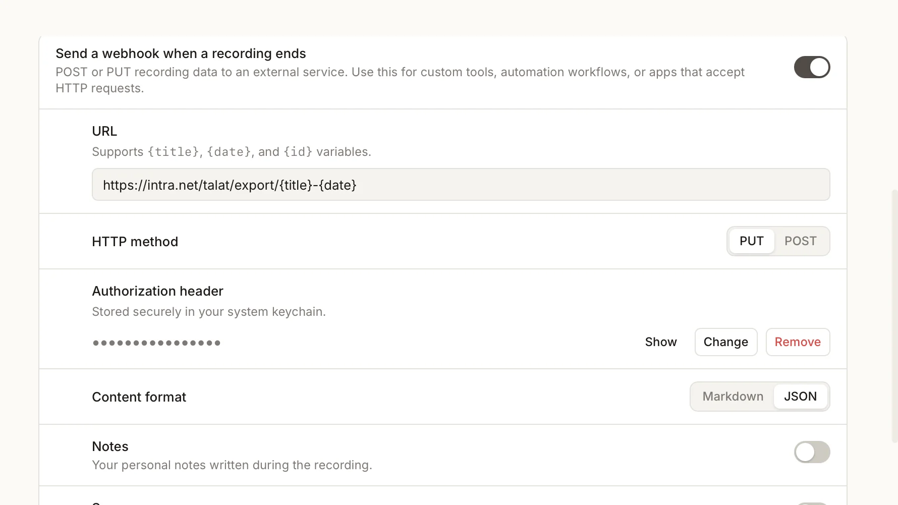 Settings panel: Webhook configuration with endpoint URL + headers